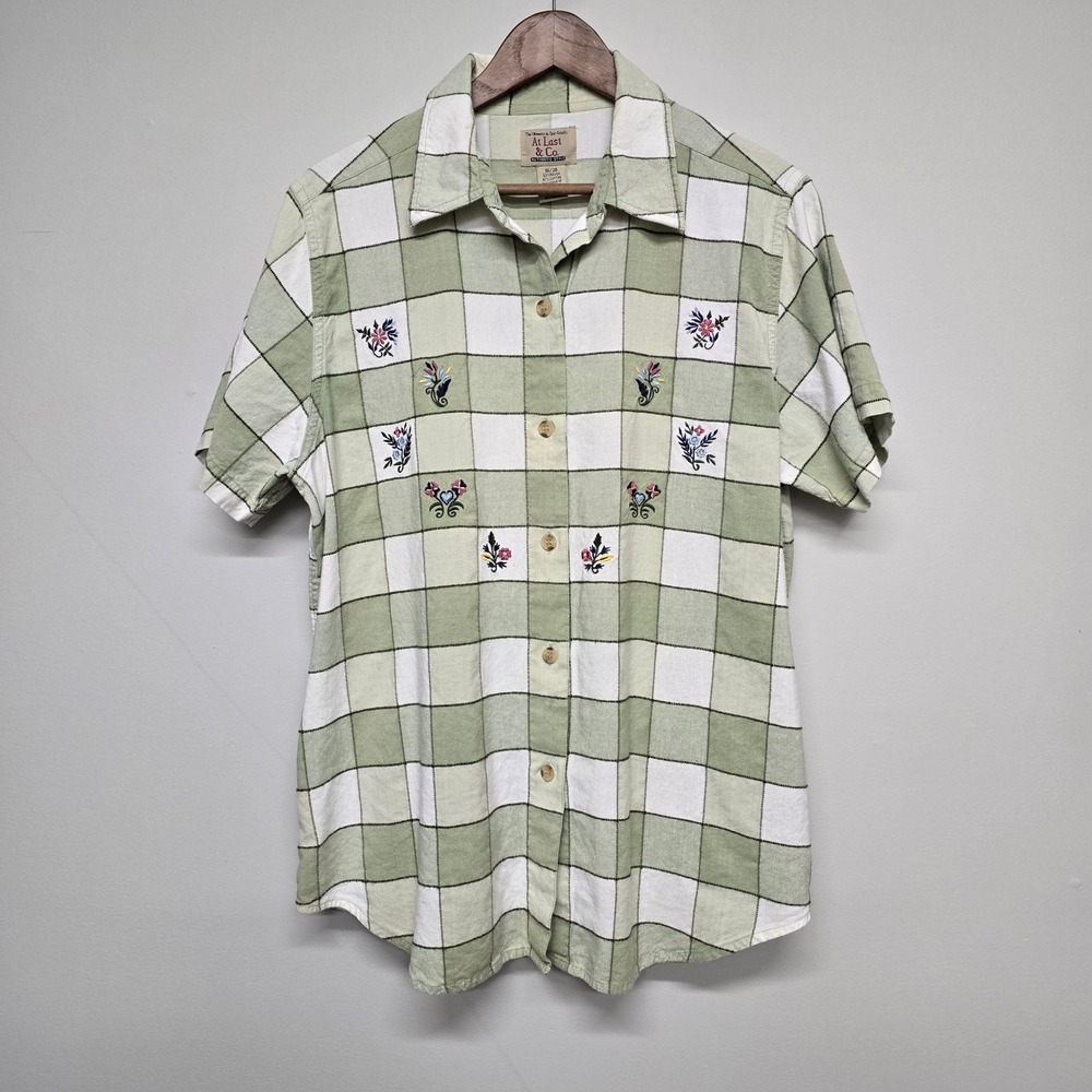At Last & Co Button Down Shirt Women 18/20 Green Plaid Floral Cottagecore